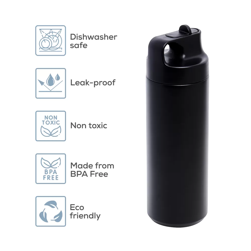 HYDROBREW Double Wall Insulated Sports Water Bottle - Black, 550ml