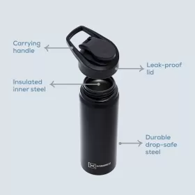 HYDROBREW Stainless Steel Sports Water Bottle - Black, 700ml