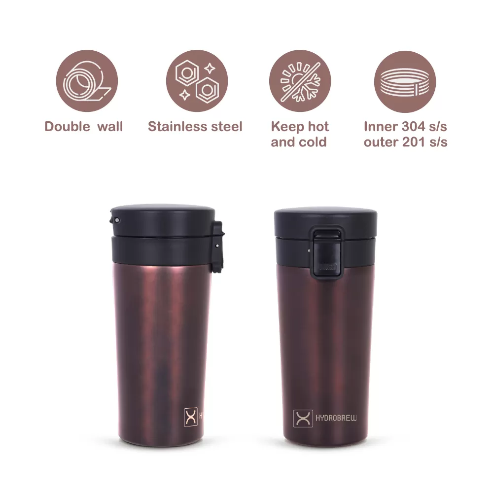 HYDROBREW Double Wall Insulated Tumbler Water Bottle - Black, 380ml