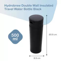 HYDROBREW Double Wall Insulated Tumbler Water Bottle - Black, 500ml