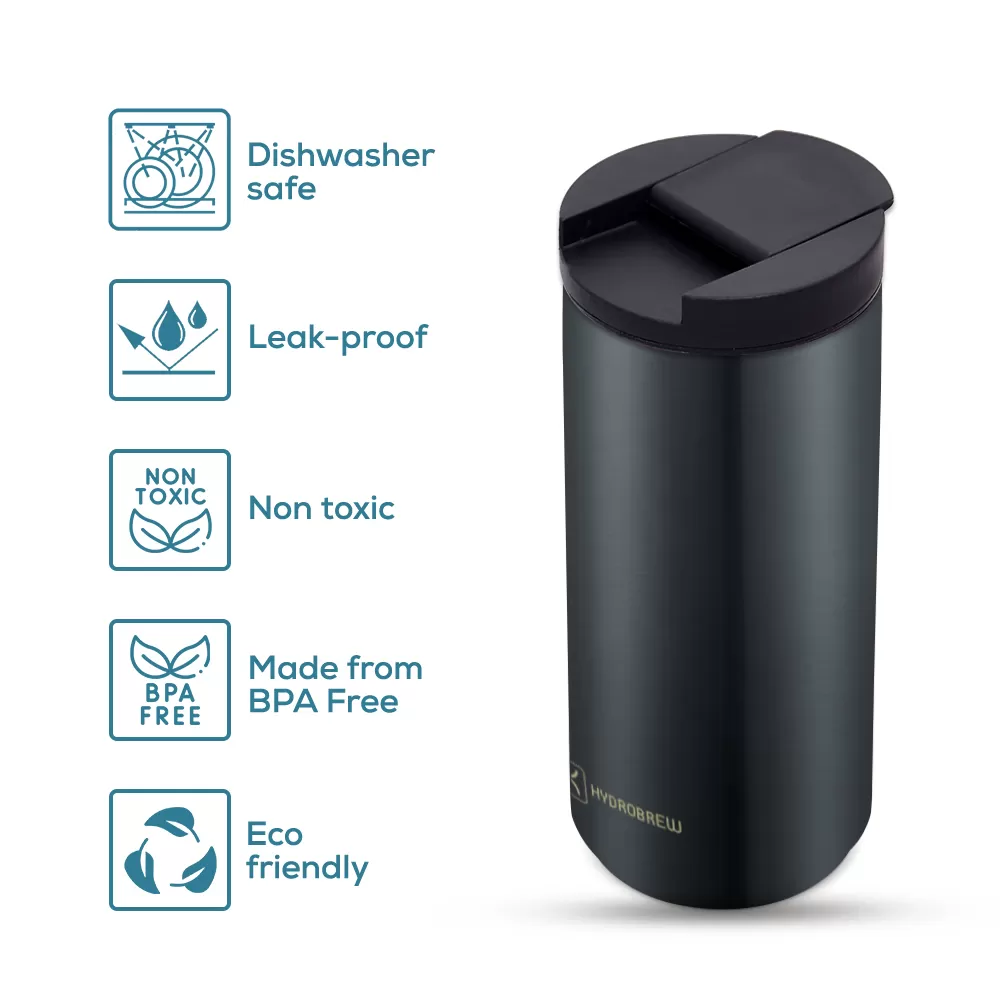 HYDROBREW Double Wall Insulated Tumbler Water Bottle - Black, 500ml