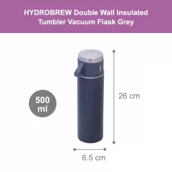 HYDROBREW Double Wall Insulated 500ml Tumbler Vacuum Flask with 2x 150ml Cup - Grey