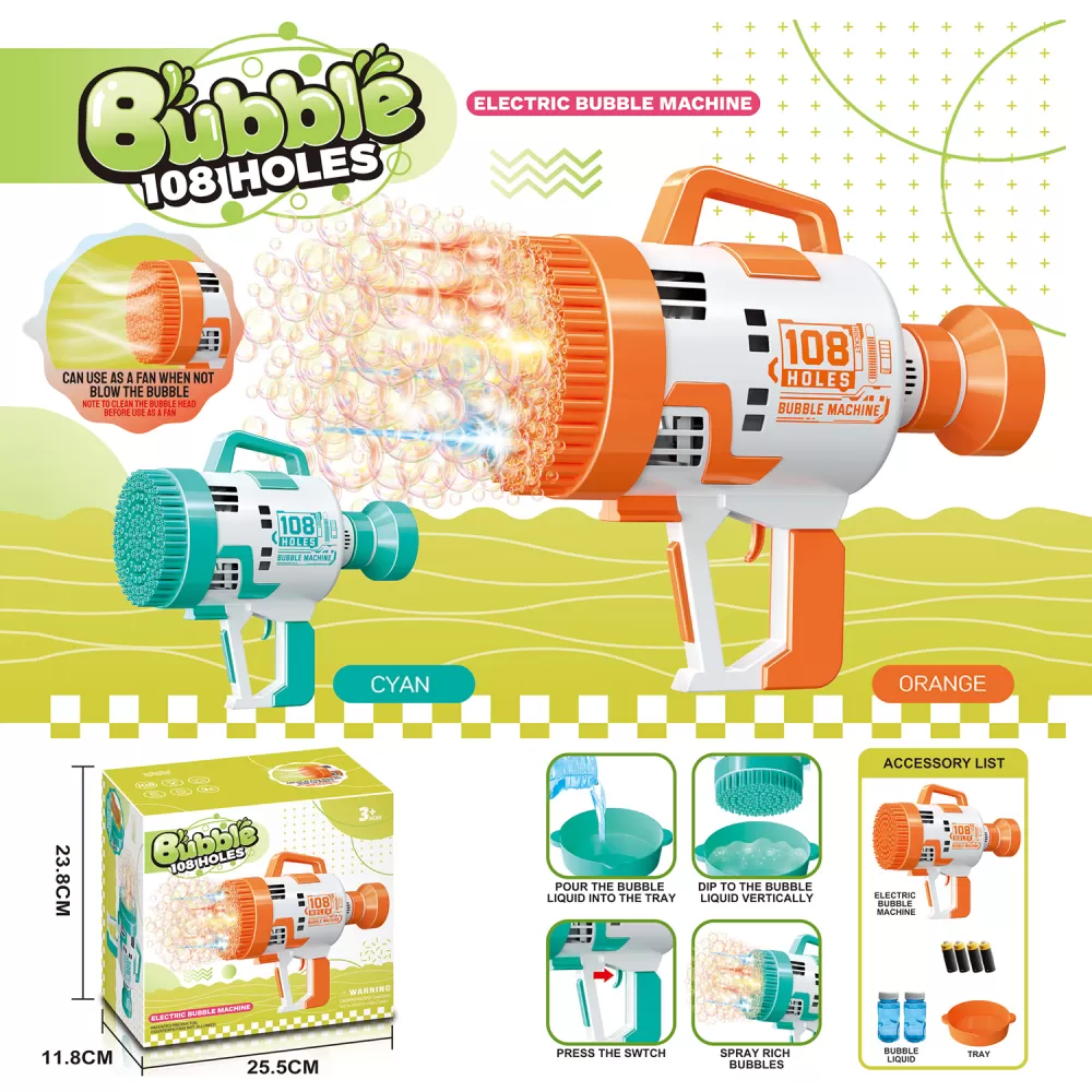 Little Story - 108 Holes Bubble Machine Gun Battery Operated wt Light/Bubble Maker for Kids Indoor &amp; Outdoor- Cyan