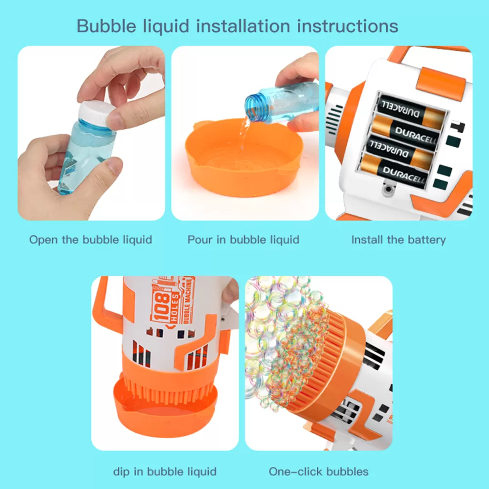 Little Story - 108 Holes Bubble Machine Gun Battery Operated wt Light/Bubble Maker for Kids Indoor &amp; Outdoor- Orange