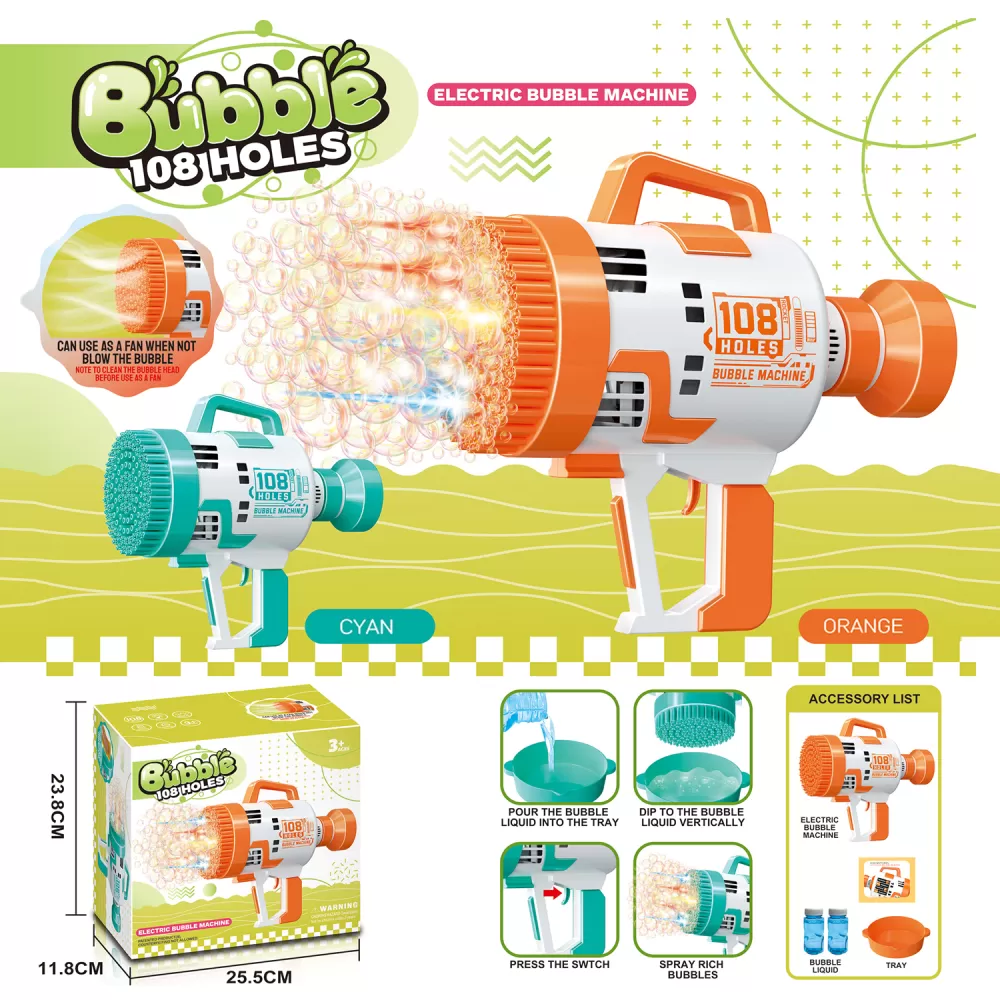 Little Story - 108 Holes Bubble Machine Gun Battery Operated wt Light/Bubble Maker for Kids Indoor &amp; Outdoor- Orange