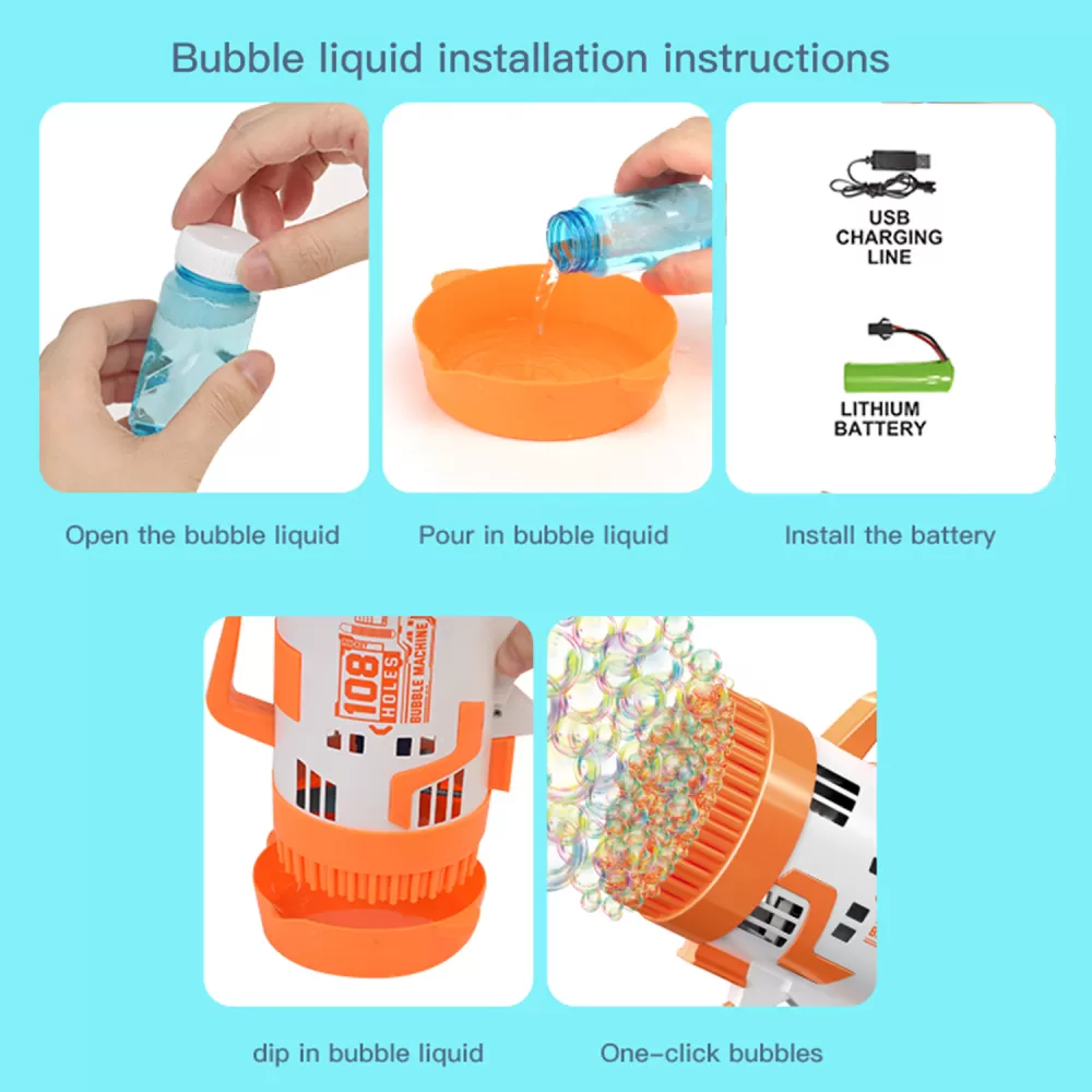 Little Story - 108 Holes Bubble Machine Gun wt Light/Bubble Maker for Kids Indoor &amp; Outdoor- Orange