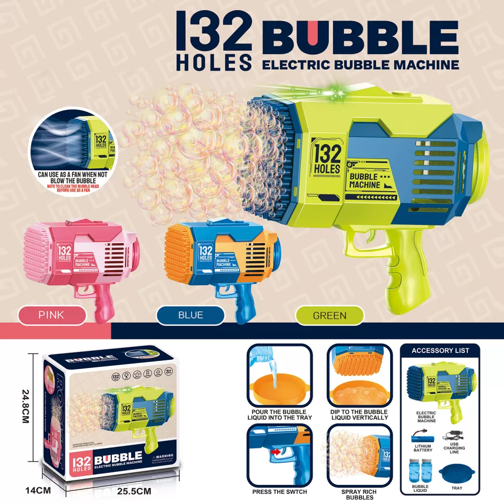 Little Story - 132 Holes Bubble Machine Gun wt Light/Bubble Maker for Kids Indoor &amp; Outdoor- Green