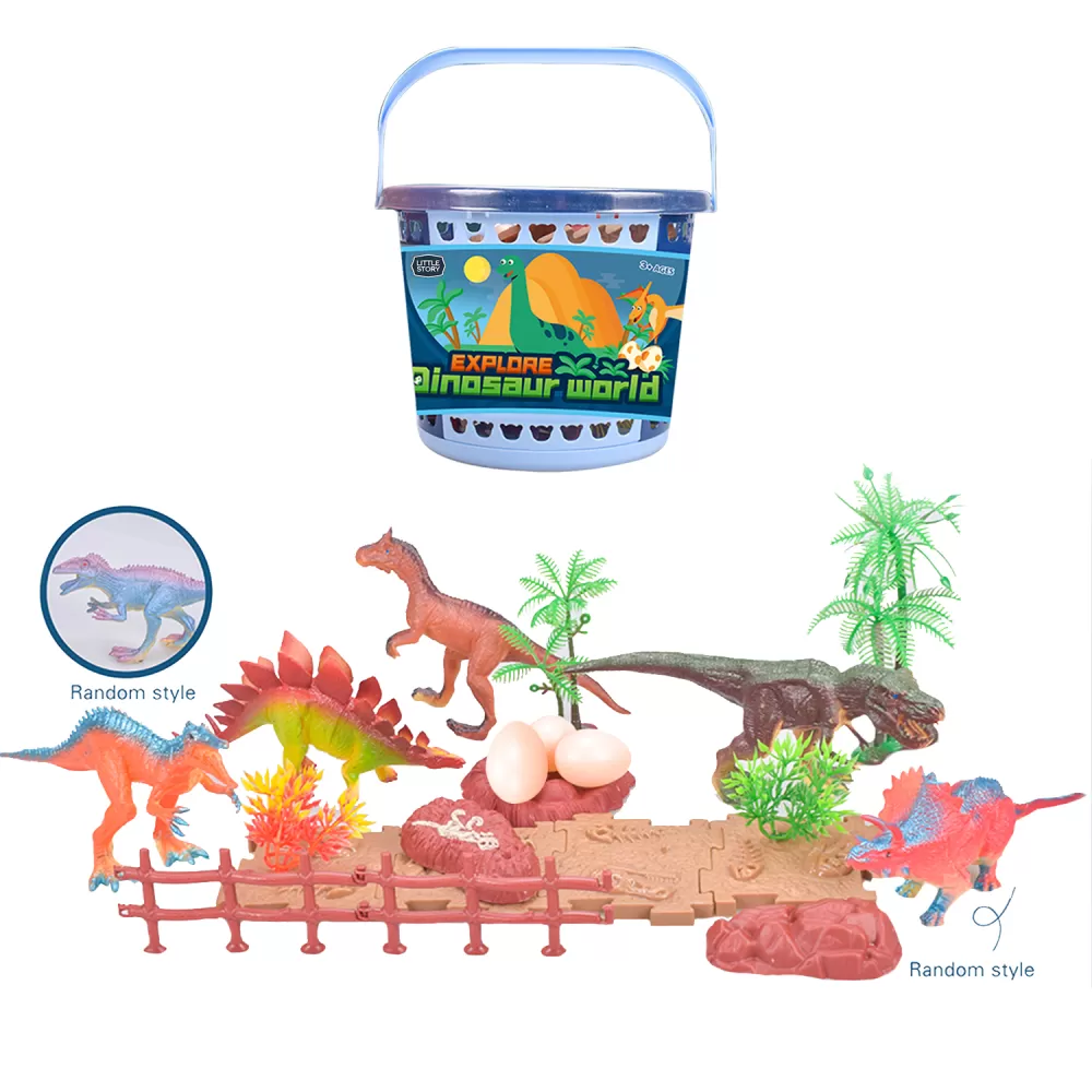 Little Story 21Pcs Dinosaur World Bucket Set With 5Pcs Dinosaur 3Pcs Egg and Scene Accessories and 1 Basket-Multicolor