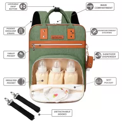 Little Story 2in1 Diaper Bag w/ Sanitizer Bottle keychain & Stroller Hooks - Green