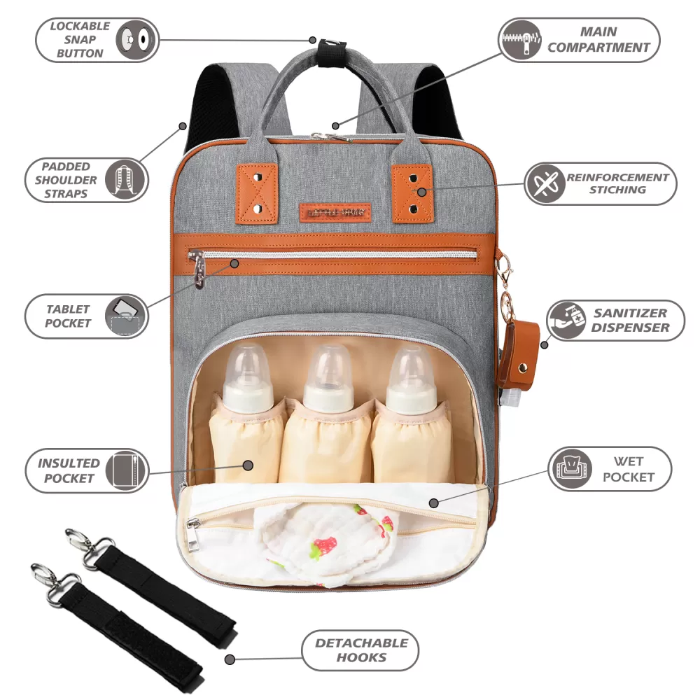 Little Story 2in1 Diaper Bag w/ Sanitizer Bottle keychain &amp; Stroller Hooks - Grey