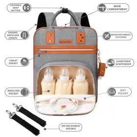 Little Story 2in1 Diaper Bag w/ Sanitizer Bottle keychain & Stroller Hooks - Grey