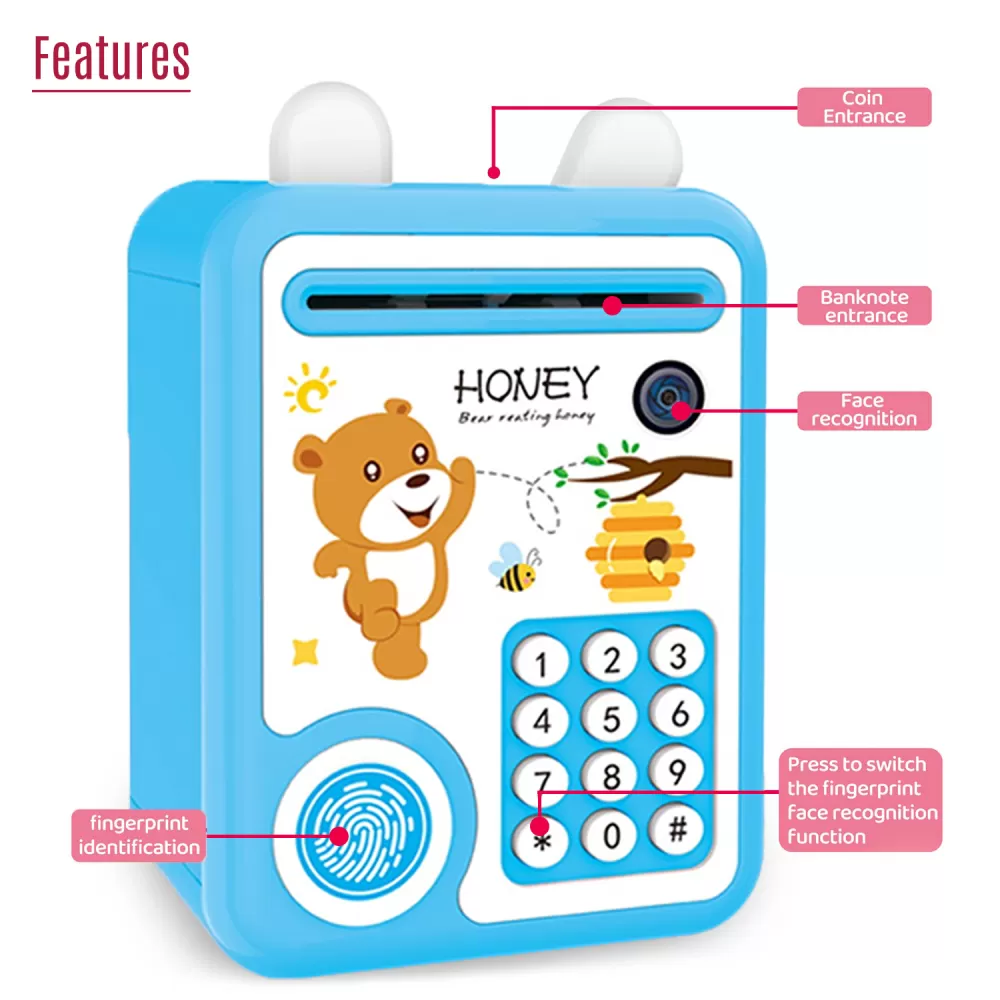 Little Story - Cute Piggy Bank wt Fingerprint Lock &amp; Music - Bear Blue