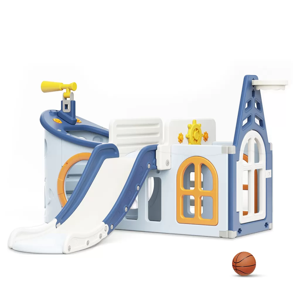 Little Story Boat House Activity Slide with Basketball Ring, Ball, Toy Storage, and Telescope Role Play Game - Blue