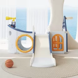 Little Story Boat House Activity Slide with Basketball Ring, Ball, Toy Storage, and Telescope Role Play Game - Blue