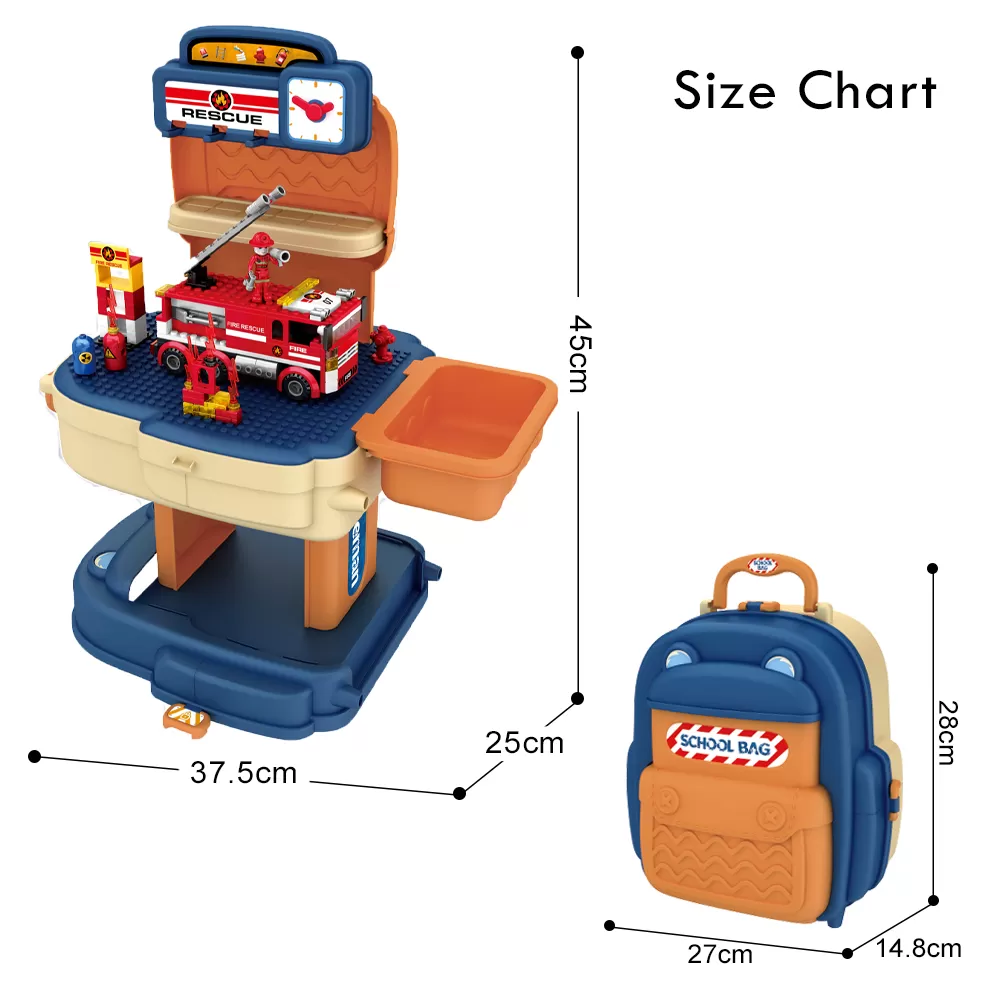 Little Story ROLE PLAY FIRE STATION WITH FIRE TRUCK AND BLOCK TOY SET SCHOOL BAG (223 Pcs) - Orange, 2 - IN - 1 Mode