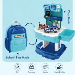 Little Story ROLE PLAY POLICE STATION WITH POLICE CAR AND BLOCK TOY SET SCHOOL BAG (219 Pcs) - Blue, 2 - IN - 1 Mode