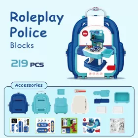 Little Story ROLE PLAY POLICE STATION WITH POLICE CAR AND BLOCK TOY SET SCHOOL BAG (219 Pcs) - Blue, 2 - IN - 1 Mode