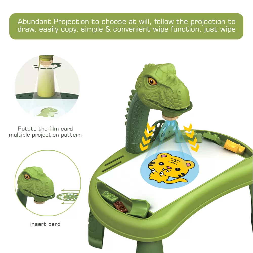 Little Story DIY T - Rex 3 - IN - 1 Spinning Puzzle Block Table, Projection Drawing Board &amp; Learning Table Set (81 Pcs), STEM Series - Multicolor