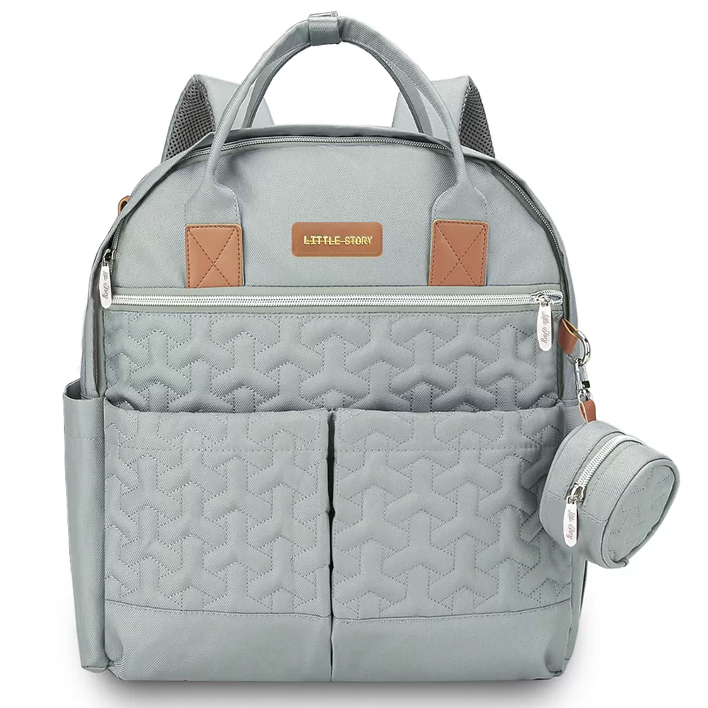 Little Story Quilted Diaper Backpack with Pacifier bag and Stroller hooks - Wedgewood Green