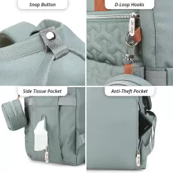 Little Story Quilted Diaper Backpack with Pacifier bag and Stroller hooks - Wedgewood Green