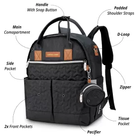 Little Story Quilted Diaper Backpack with Pacifier bag and Stroller hooks - Black