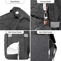 Little Story Quilted Diaper Backpack with Pacifier bag and Stroller hooks - Grey