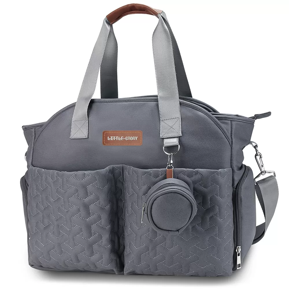 Little Story Quilted Diaper Bag with Pacifier Pouch - Dark Grey