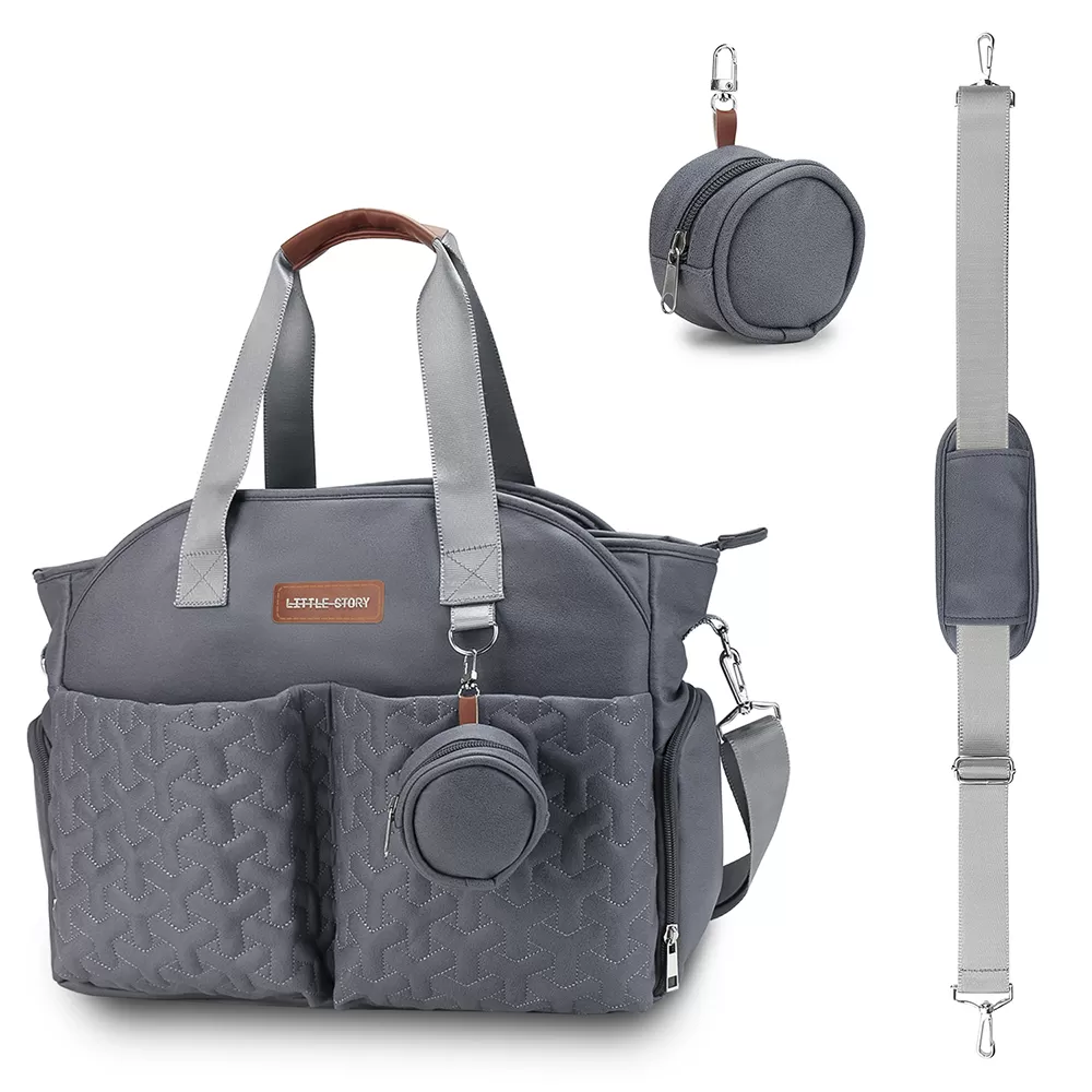 Little Story Quilted Diaper Bag with Pacifier Pouch - Dark Grey