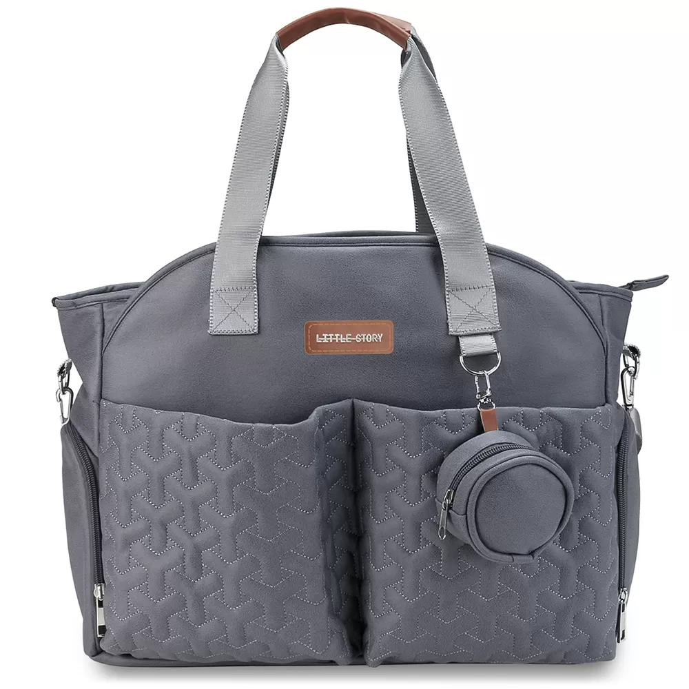 Little Story Quilted Diaper Bag with Pacifier Pouch - Dark Grey