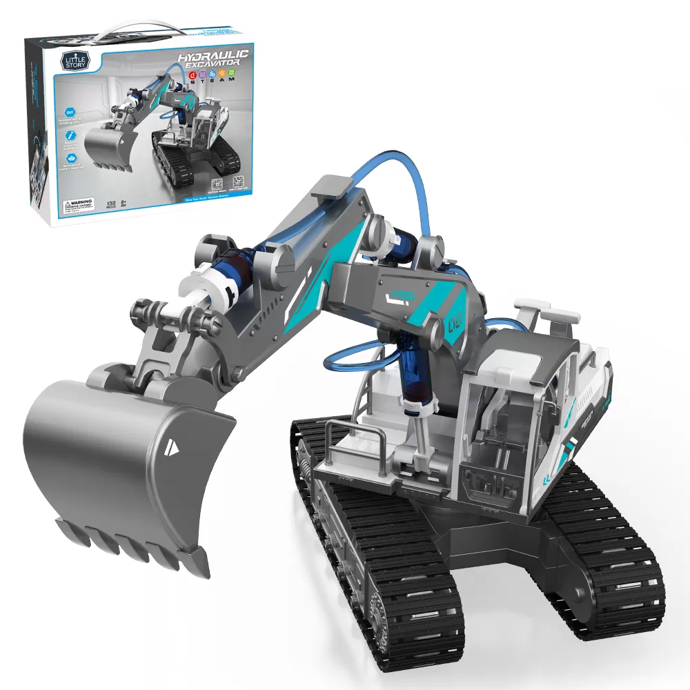 Little Story DIY Hydraulic Power Principle based 3 - IN - 1 Excavator / Bulldozer / JCB Toy (130 Pcs), STEM Series - Grey