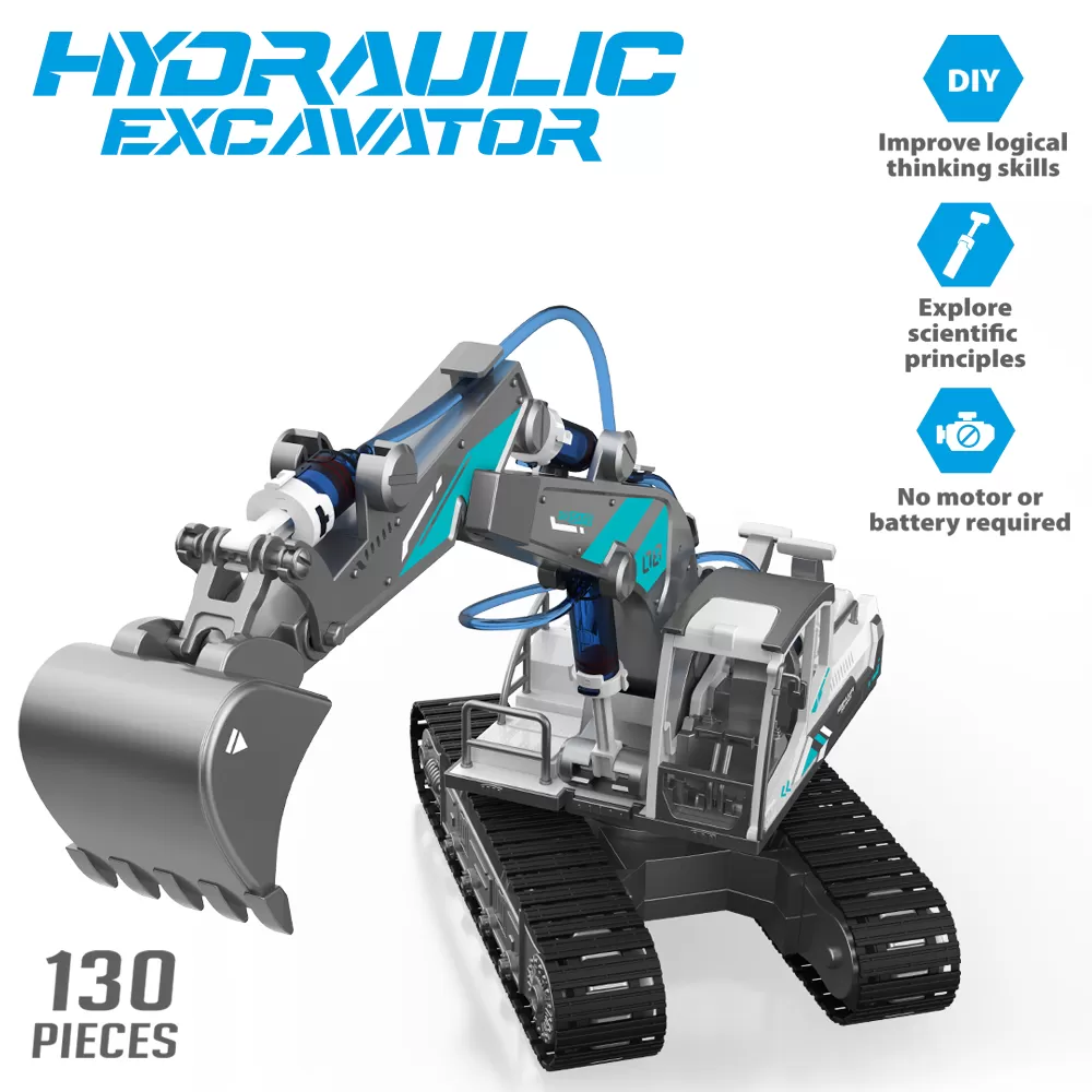 Little Story DIY Hydraulic Power Principle based 3 - IN - 1 Excavator / Bulldozer / JCB Toy (130 Pcs), STEM Series - Grey
