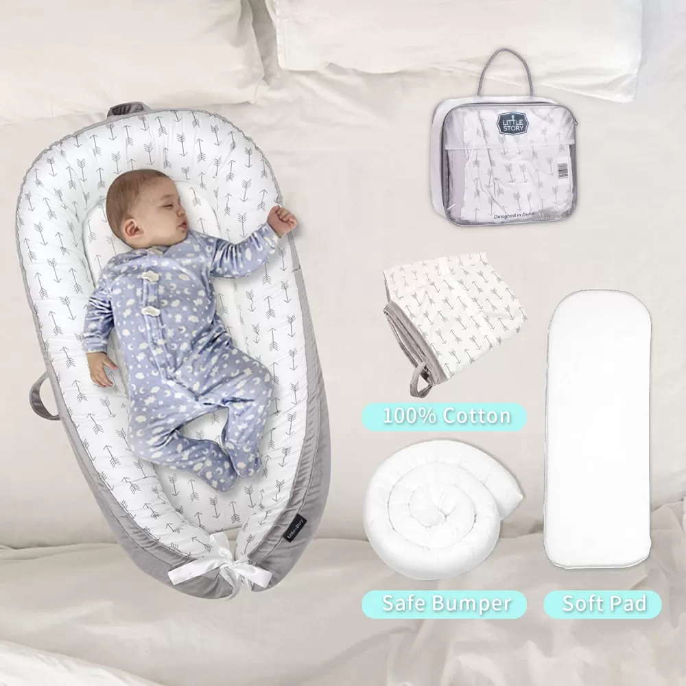 Little Story Soft Breathable Fiberfill Newborn Lounger Bed - Arrow Grey