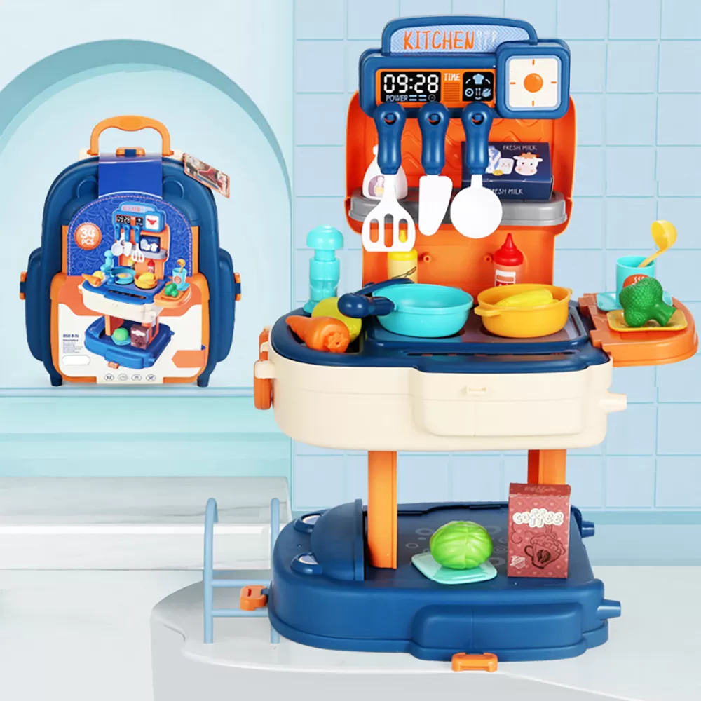 Little Story ROLE PLAY CHEF / KITCHEN / RESTAURANT TOY SET SCHOOL BAG (34 Pcs) - Blue, 2 - IN - 1 Mode