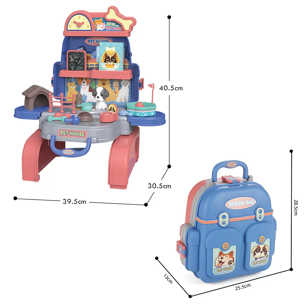 Little Story ROLE PLAY ANIMAL CARE / PET HOUSE TOY SET SCHOOL BAG (26 Pcs) - Blue, 3 - IN - 1 Mode