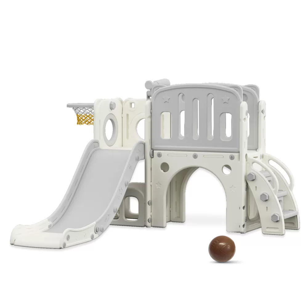 Little Story Play house w/ Activity Slide with Basketball Ring, Ball, Toy Storage - Grey