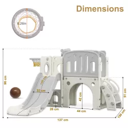 Little Story Play house w/ Activity Slide with Basketball Ring, Ball, Toy Storage - Grey