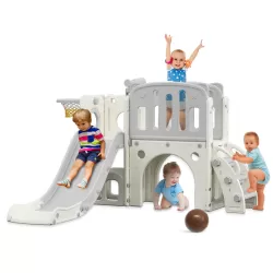 Little Story Play house w/ Activity Slide with Basketball Ring, Ball, Toy Storage - Grey