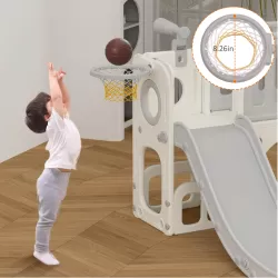 Little Story Play house w/ Activity Slide with Basketball Ring, Ball, Toy Storage - Grey