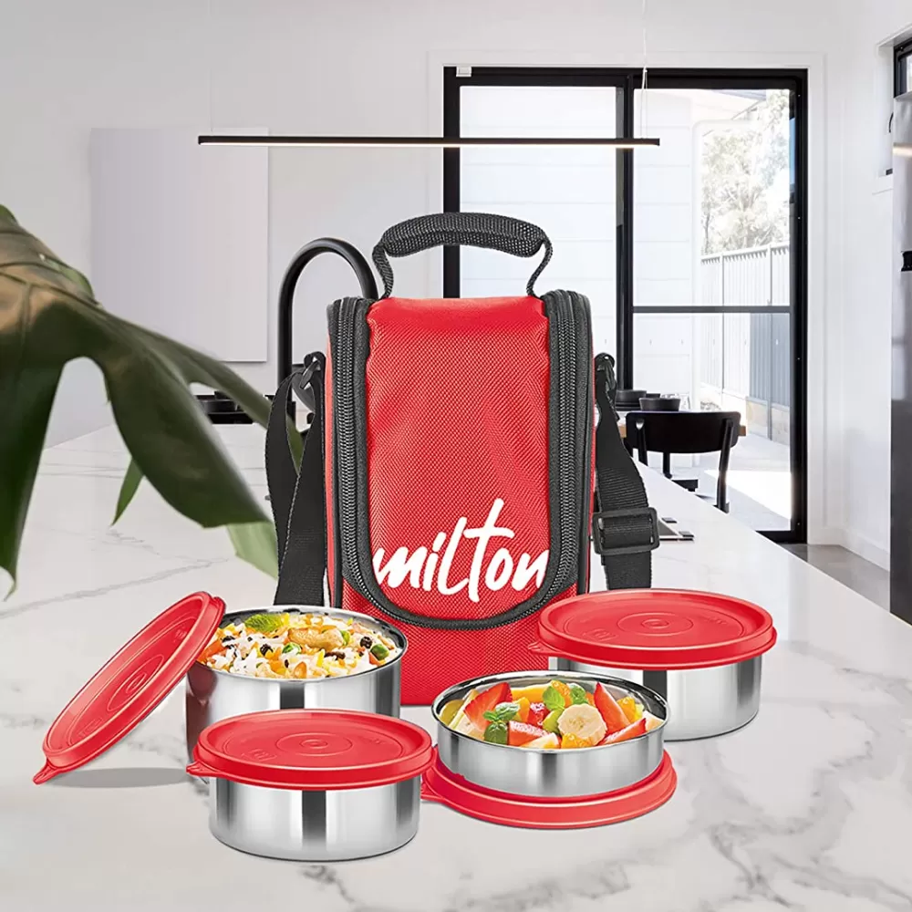 Milton Tasty 4 Stainless Steel Containers wt Lunch Bag Red