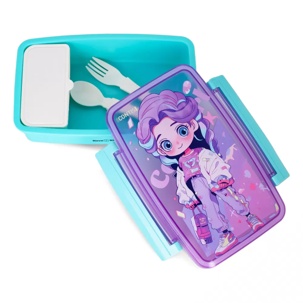 Nova Kids Bento Lunch Box with Spoon &amp; Fork - Cute Girl Pink