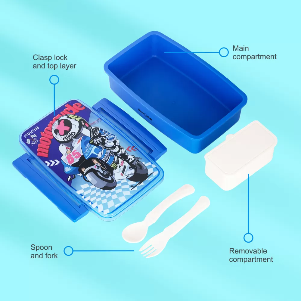 Nova Kids Bento Lunch Box with Spoon &amp; Fork - Motorbike Blue