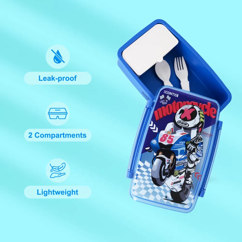 Nova Kids Bento Lunch Box with Spoon &amp; Fork - Motorbike Blue