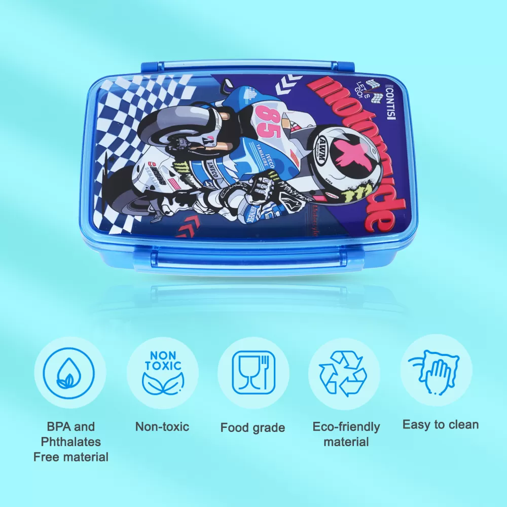 Nova Kids Bento Lunch Box with Spoon &amp; Fork - Motorbike Blue