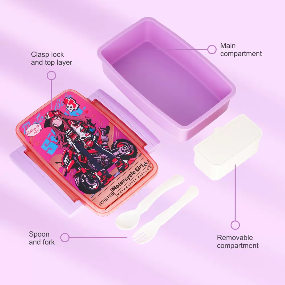 Nova Kids Bento Lunch Box with Spoon &amp; Fork - Motorbike Pink