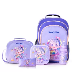 Nova Kids 16 Inch School Bag with Lunch Bag, Pencil Pouch, Lunch Box and Water Bottle - Birthday - Purple