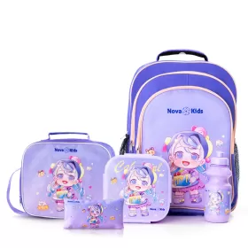 Nova Kids 16 Inch School Bag with Lunch Bag, Pencil Pouch, Lunch Box and Water Bottle - Birthday - Purple