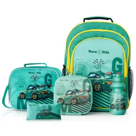 Nova Kids 16 Inch School Bag with Lunch Bag, Pencil Pouch, Lunch Box and Water Bottle - Car Racing - Green