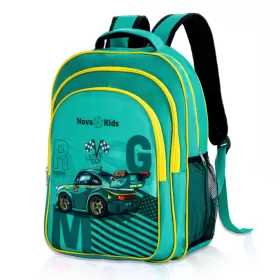 Nova Kids 16 Inch School Bag with Lunch Bag, Pencil Pouch, Lunch Box and Water Bottle - Car Racing - Green