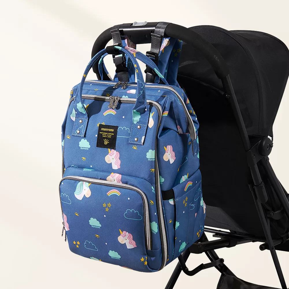 Sunveno Stylish Diaper Travel Backpack XL with Stroller Straps &amp; Changing Pad - Unicorn Blue