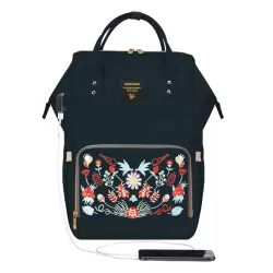 Sunveno Diaper Bag with USB - Black Embroidery